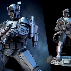 May include: Two detailed statues of a Mandalorian warrior in silver and blue armor. One figure is posed with a large weapon, the other is holding a multi-barreled blaster. The Star Wars logo is visible.