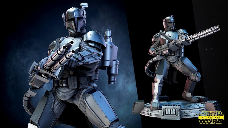 May include: Two detailed statues of a Mandalorian warrior in silver and blue armor. One figure is posed with a large weapon, the other is holding a multi-barreled blaster. The Star Wars logo is visible.