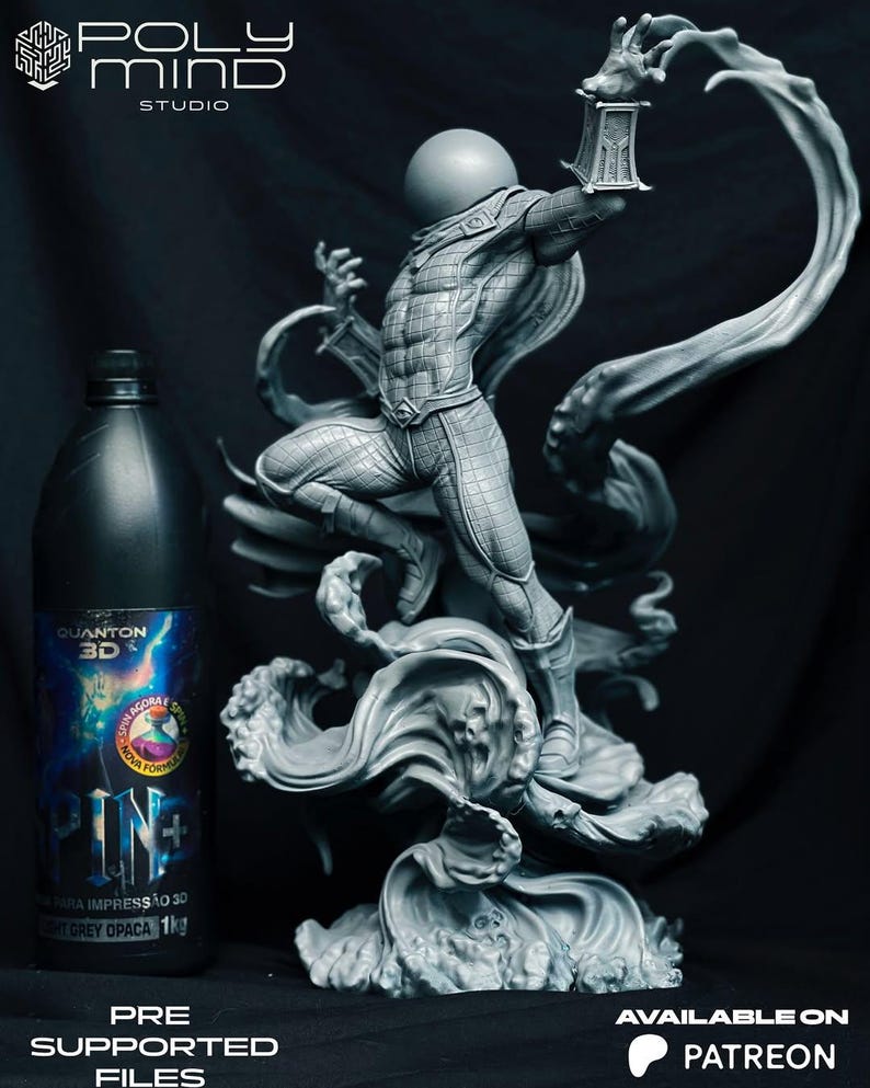 May include: A grey 3D-printed figurine of a superhero in a dynamic pose, holding a lantern. The figure is detailed with textured armor and flowing fabric. A bottle of 3D printing resin is on the left. Text includes "POLY MIND STUDIO", "QUANTOM 3D", and "AVAILABLE ON PATREON".