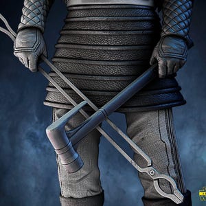 May include: A detailed 3D model of a character from Star Wars, holding blacksmith tools. The character is dressed in textured, dark gray clothing and gloves. The tools include tongs and a hammer, all rendered in a metallic gray.