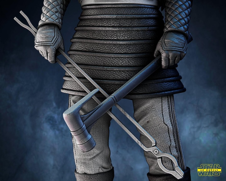 May include: A detailed 3D model of a character from Star Wars, holding blacksmith tools. The character is dressed in textured, dark gray clothing and gloves. The tools include tongs and a hammer, all rendered in a metallic gray.