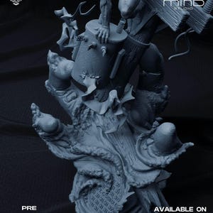 May include: A detailed, gray 3D-printed sculpture of a monstrous figure with a large, textured hand supporting a cylindrical object. The sculpture has intricate details and is set against a dark background. Text on the image reads "PRE SUPPORTED FILES" and "AVAILABLE ON PATREON".