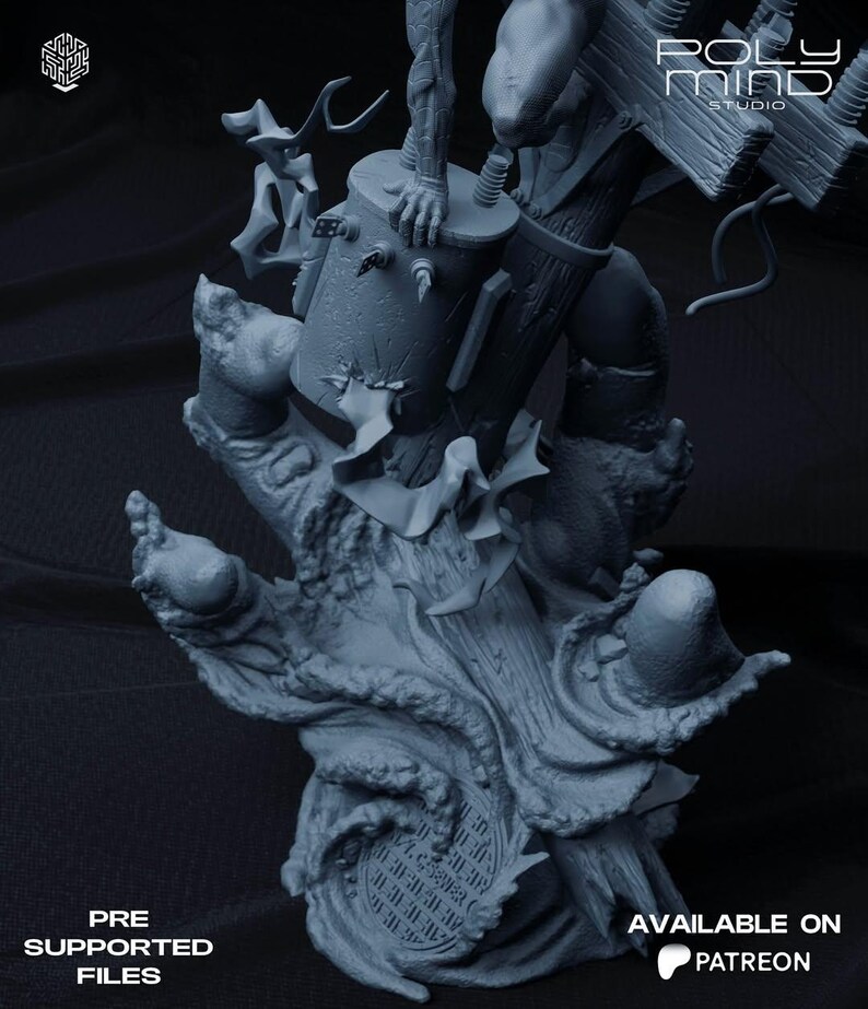May include: A detailed, gray 3D-printed sculpture of a monstrous figure with a large, textured hand supporting a cylindrical object. The sculpture has intricate details and is set against a dark background. Text on the image reads "PRE SUPPORTED FILES" and "AVAILABLE ON PATREON".