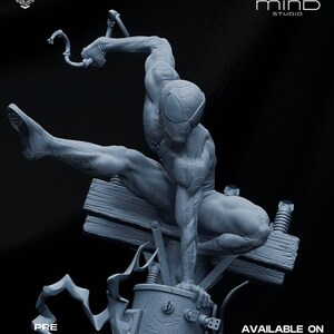 May include: A gray, detailed sculpture of Spider-Man in a dynamic pose, perched on a wooden structure with electrical components. The figure is in a crouching position, with one leg extended. The words "PRE SUPPORTED FILES" and "AVAILABLE ON PATREON" are visible.