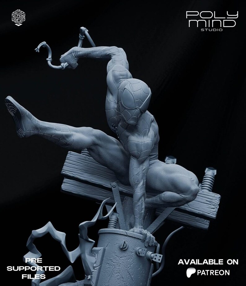 May include: A gray, detailed sculpture of Spider-Man in a dynamic pose, perched on a wooden structure with electrical components. The figure is in a crouching position, with one leg extended. The words "PRE SUPPORTED FILES" and "AVAILABLE ON PATREON" are visible.
