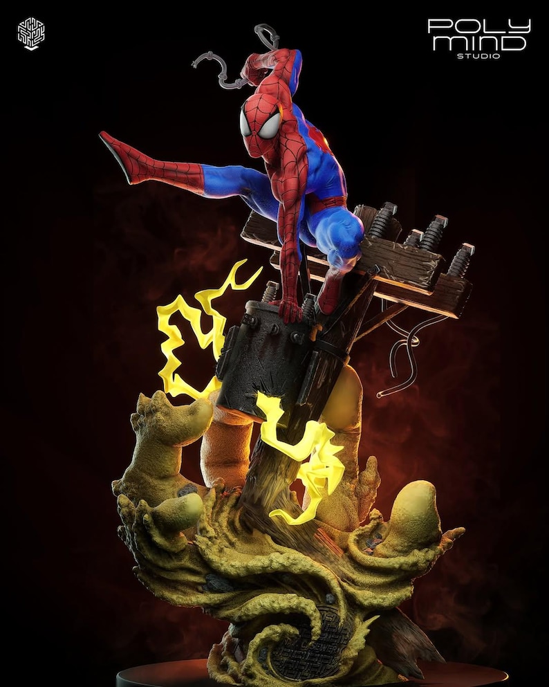 May include: A detailed statue of Spider-Man in a dynamic pose, clad in his signature red and blue suit. The figure is perched on a detailed electrical structure with yellow lightning effects. The base features a textured, organic design.