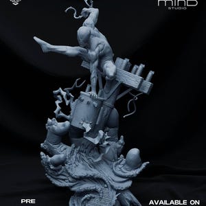May include: A gray, detailed statue of Spider-Man in a dynamic pose, clinging to a wooden structure with electrical components. The base features intricate, textured details. Text includes "PRE SUPPORTED FILES" and "AVAILABLE ON PATREON".