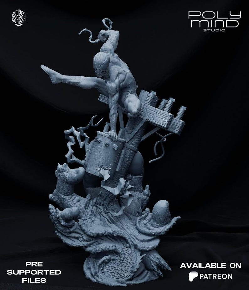 May include: A gray, detailed statue of Spider-Man in a dynamic pose, clinging to a wooden structure with electrical components. The base features intricate, textured details. Text includes "PRE SUPPORTED FILES" and "AVAILABLE ON PATREON".