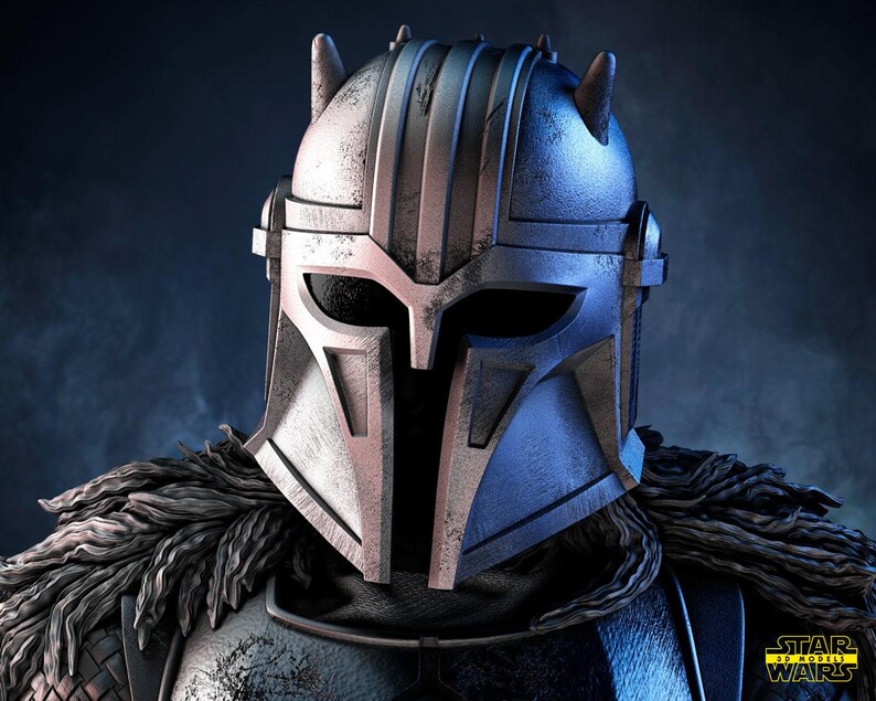 May include: A detailed close-up of a Mandalorian helmet, featuring a weathered silver and gray finish with distinctive angular design elements. The helmet has a T-shaped visor and is adorned with small, horn-like protrusions. A dark, textured collar frames the helmet.