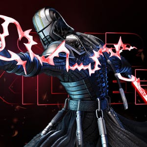 Op de afbeelding: Een digitale illustratie van een Star Wars-personage. Het personage draagt een donker pantser en zwaait met een rood lichtzwaard. De afbeelding bevat de tekst "KILLER" in rood en het Star Wars-logo.