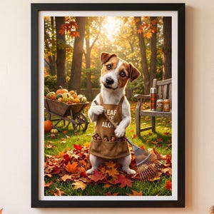 Jack Russell Fall Decor, Funny Autumn Dog Art, Leaf Raking Terrier Digital Download