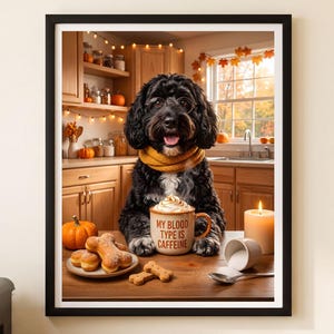 May include: A framed wall art print featuring a black curly-haired dog wearing a yellow scarf, sitting at a kitchen table with a mug that reads MY BLOOD TYPE IS CAFFEINE, a plate of bone-shaped treats, a pumpkin, and a lit candle in the background.
