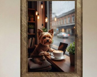 Funny Yorkie Cafe Wall Art, Cozy Rainy Day Coffee Print, Yorkshire Terrier Digital Download