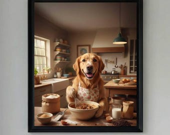 Farmhouse Kitchen Wall Decor, Funny Golden Retriever Dog Baking Art, Digital Download