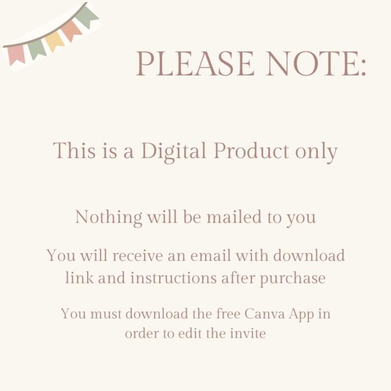 May include: Cream-colored digital product announcement with text: "PLEASE NOTE: This is a Digital Product only. Nothing will be mailed to you. You will receive an email with download link and instructions after purchase." A banner of pastel flags is in the upper left.