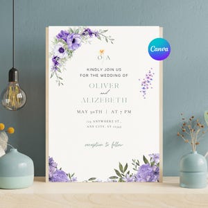 Elegant Purple Floral Wedding Invitation Template - Canva Editable (Digital Download)
