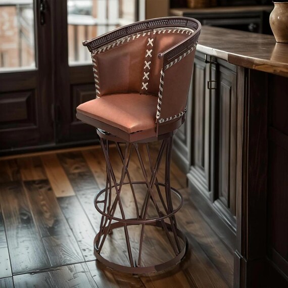 ブラウンレザー製回転バースツール | アイアンベース付きハンドメイド