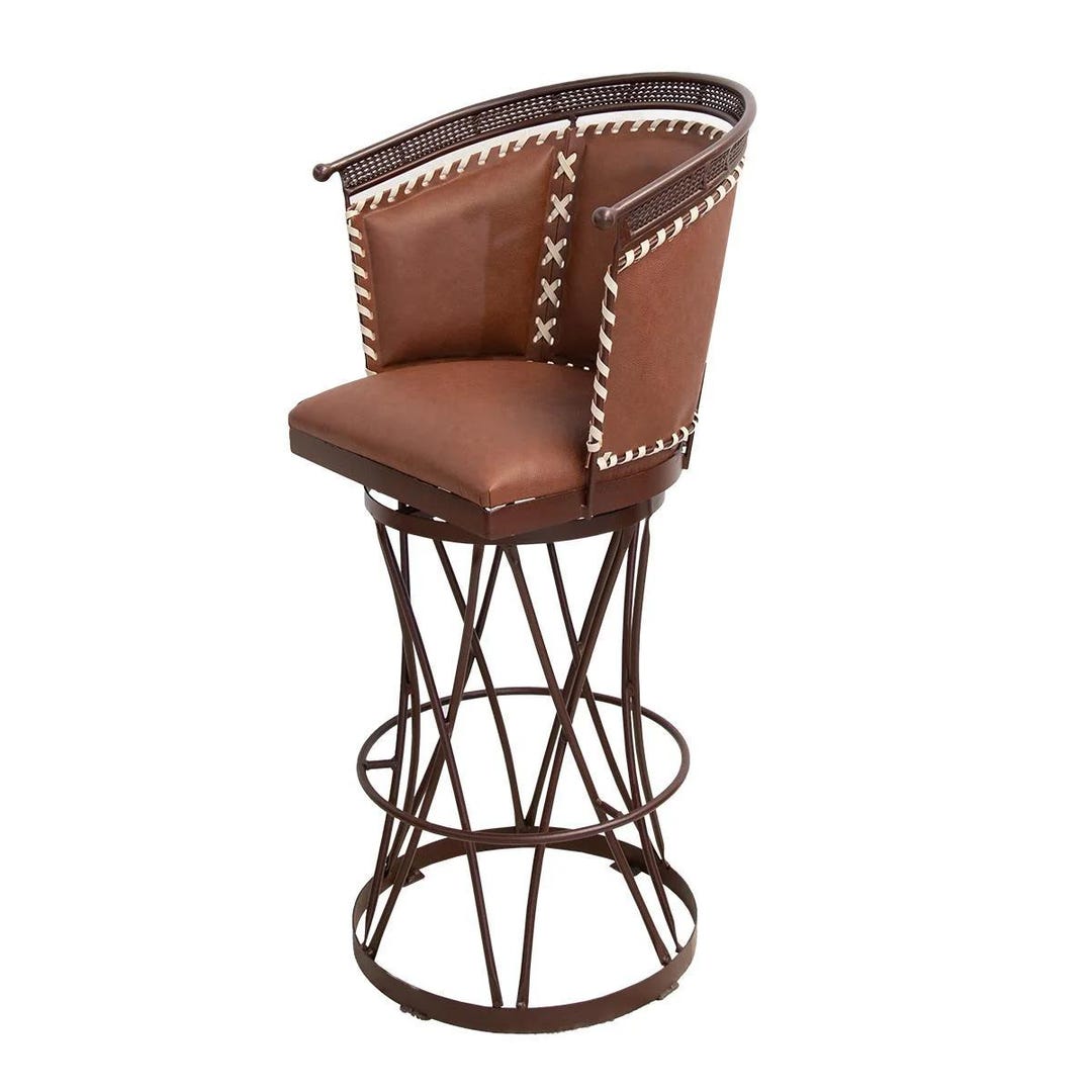 ブラウンレザー製回転バースツール | アイアンベース付きハンドメイド