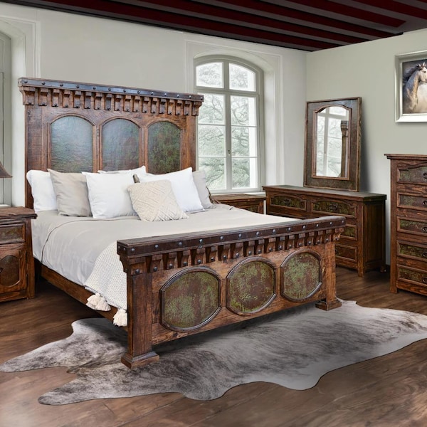 Juego de dormitorio estilo western El Jefe con detalles de cobre artesanales (incluye servicio de entrega completo)