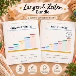 Peut inclure: Deux cahiers d'exercices éducatifs intitulés Längen & Zeiten Bundle. Le livre de gauche, Längen-Training, présente un graphique à barres coloré d'unités de longueur de mm à km. Le livre de droite, Zeit-Training, montre des unités de temps.