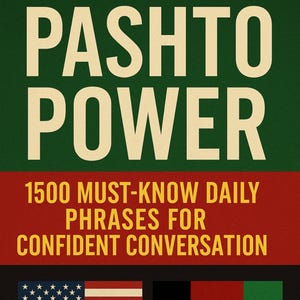 Puede incluir: Portada de libro con el título "Pashto Power" en letras blancas grandes sobre un fondo verde. El libro promete "1500 frases diarias imprescindibles para una conversación segura". Las banderas estadounidense y afgana se muestran debajo del texto. Autor: Imen Magri.