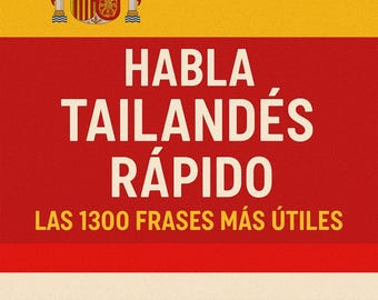 May include: A book cover with the Spanish flag at the top, followed by the title "HABLA TAILANDÉS RÁPIDO" in white letters on a red background. Below, it reads "LAS 1300 FRASES MÁS ÚTILES". The author's name, IMEN MAGRI, is at the bottom.