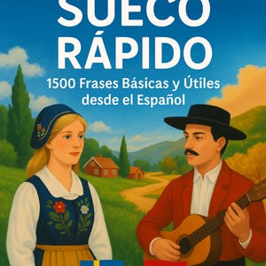 Puede incluir: Portada del libro "HABLA SUECO RÁPIDO" con ilustraciones de un hombre tocando la guitarra y una mujer con vestimenta tradicional sueca. Incluye las banderas de Suecia y España, y texto en español.
