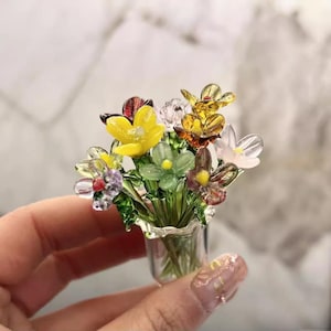 Handmade miniature glass flower bouquet in vase, colorful decorative glass flowers, tiny floral home decor, unique gift for flower lovers