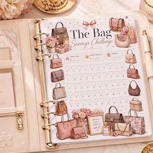 May include: A cream-colored ring binder containing a printed savings tracker titled The Bag Savings Challenge. The page features illustrations of various handbags, floral arrangements, and perfume bottles, along with rows of heart-shaped icons.