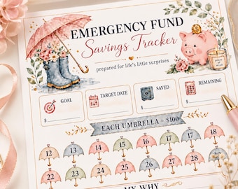Pode incluir: Uma folha impressa de rastreamento de poupança para fundo de emergência com um porquinho-mealheiro rosa, botas de chuva azuis com flores e um guarda-chuva. O texto diz EMERGENCY FUND Savings Tracker, prepared for life's little surprises e EACH UMBRELLA = $100.