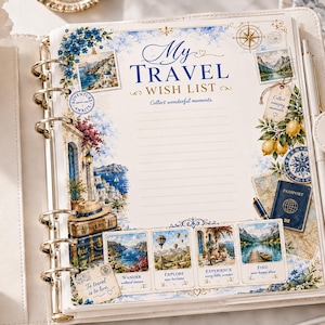 Könnte beinhalten: Ein cremefarbener Ringplaner, der auf einer Seite mit der Überschrift My Travel Wish List aufgeschlagen ist. Die Seite zeigt Aquarellillustrationen von Küstenszenen, Zitronen, einem Reisepass und Briefmarken sowie linierte Felder zum Schreiben und den Text Wander, Explore, Experience und Find your happy place.