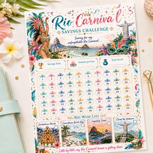 Może przedstawiać: Arkusz do śledzenia oszczędności zatytułowany Rio Carnival Savings Challenge z akwarelowymi ilustracjami tancerki karnawałowej, pomnika Chrystusa Odkupiciela i plaży Copacabana. Zawiera pięćdziesiąt ponumerowanych ikon masek i listę życzeń.