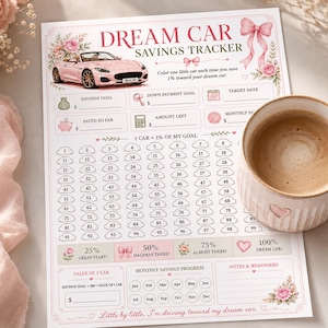 Pode incluir: Uma folha de rastreamento de poupança Dream Car rosa e branca com uma ilustração de um carro conversível rosa, detalhes florais, um laço e uma grade de 100 pequenos ícones de carros para colorir, com seções para metas de poupança e datas.
