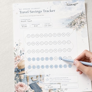 Può includere: Un tracker di risparmio per viaggi in carta con il testo My Dream Journey Travel Savings Tracker, Amalfi Coast, $5,000, $100 e June 2027. Il foglio presenta un percorso numerato di cerchi, illustrazioni ad acquerello di una città costiera, un cappello e una valigia.