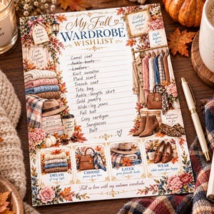 May include: A printed fall wardrobe wishlist checklist featuring illustrations of clothing, accessories, and autumn foliage. The text reads My Fall WARDROBE WISHLIST, followed by a list of items like Camel coat, Ankle boots, and Loafers, with decorative borders.