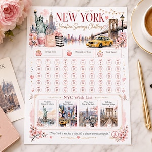 May include: A New York Vacation Savings Challenge tracker sheet featuring illustrations of the Statue of Liberty, a yellow taxi, and the Brooklyn Bridge. The document includes a numbered grid of fifty apple icons and an NYC Wish List section with four travel goals.