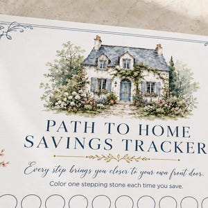 Może przedstawiać: Biały arkusz do śledzenia oszczędności z akwarelową ilustracją domku z niebieskimi okiennicami i ogrodem. Tekst brzmi: PATH TO HOME SAVINGS TRACKER, Every step brings you closer to your own front door. Color one stepping stone each time you save.