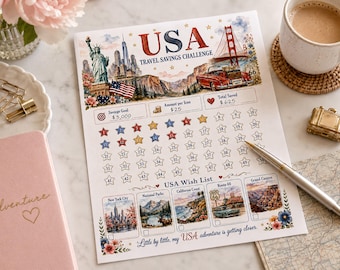 USA Travel Savings Challenge Printable, Vacation Savings Tracker, Budget Binder Insert, Planner
