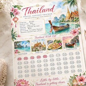 Puede incluir: Una hoja de seguimiento de ahorros para viajes a Tailandia con ilustraciones en acuarela de un bote, un templo y flores tropicales. Incluye campos para objetivos de ahorro, una lista de deseos con cuatro recuadros y cincuenta iconos de loto.