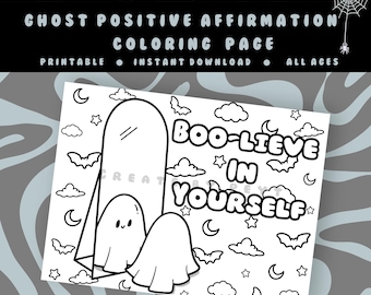 Ghost Coloring Page — Spooky Positive Affirmations for Mental Health | Printable Digital Download