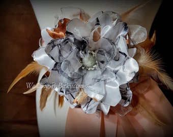 Camo Flower Wedding Sash, Unique Wedding sash, Handmade camo flower, Camo Wedding sash, Feather & Camo