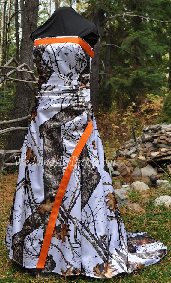 camo wedding dress with orange trim