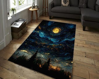 Van Gogh Sternennacht inspirierter Teppich, Wirbelnder Himmel Teppich, Wohnzimmer Schlafzimmer Kunst Dekor, Blau und Gelb Sterne Muster Bereich Teppich, Sternennacht