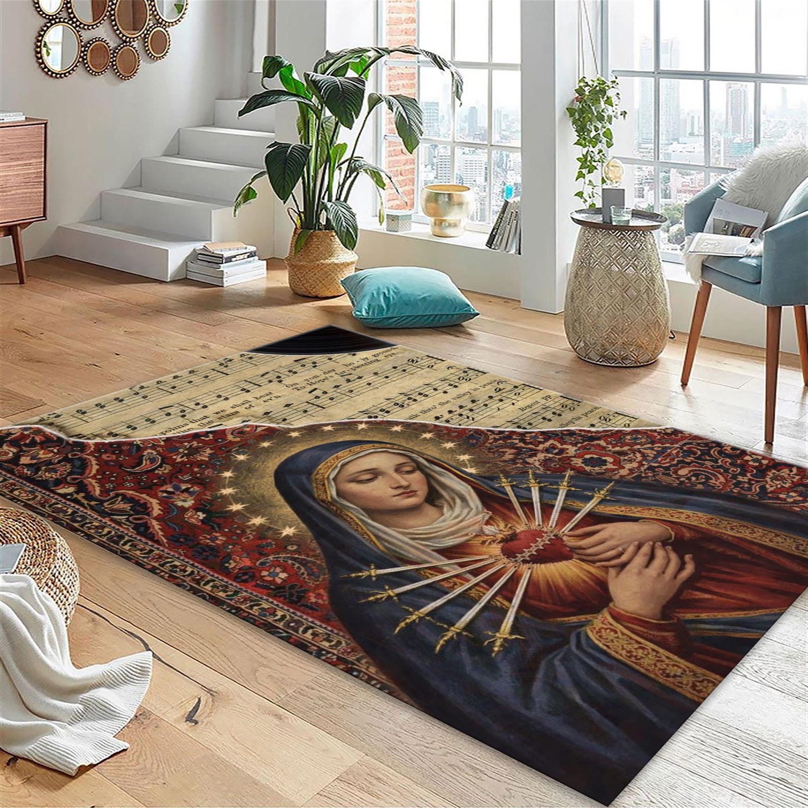 Scared Heart Rug Sacred Heart of Mary Rug, Holy Mother Mary, Catholic Spiritual Rug ...
