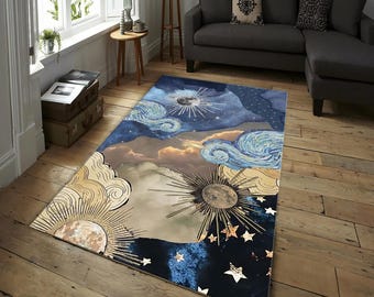 Himmlischer Mond und Sonnenteppich - Mystischer Sternenhimmel mit Wolken und kosmischem Collagen-Design für Wohnzimmer, Schlafzimmer, Meditationsraum