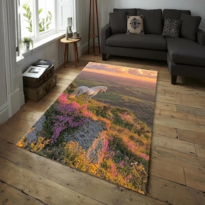 White Horse Landscape Rug, Sunset Sky with Wildflowers, Scenic Countryside Nature Carpet for Living Room, Bedroom, or Rustic Farmhouse Decor