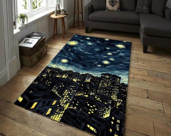Matta i stadslandskap med stjärnklar natt – Färgglad golvmatta i Van Gogh-stil, dekorativ matta för sovrum, vardagsrum, Van Gogh-inspirerad matta, halkfri