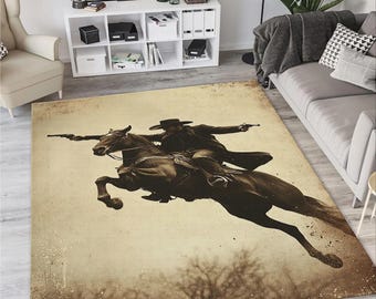Rustic Retro Cowboy Rug, Cowboy Area Rug, Living Room Rug, Western Rug, Western Movie Rug, Cowboy Rug, Cowboy Design Rug, Horse Decor Rug