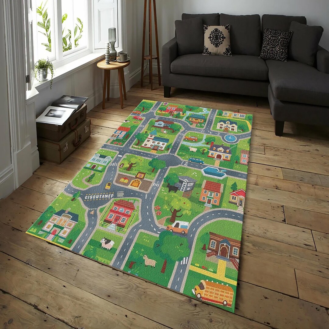 Kids Play Road Map Rug, City Street Pattern Play Mat, Nursery Bedroom ...