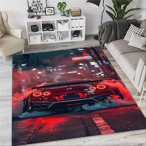 Alfombra Nissan R35 con estampado de coche deportivo, regalo para amantes de los coches, decoración para habitación de hombre, Nissan GTR, alfombra JDM Car Tuners, alfombra para sala de juegos, coche rojo